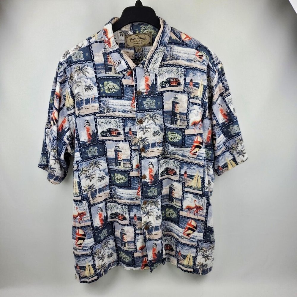 Palm Island Short Sleeve Button Shirt Mens XL Blue Red Flamingo Fish Boat Design